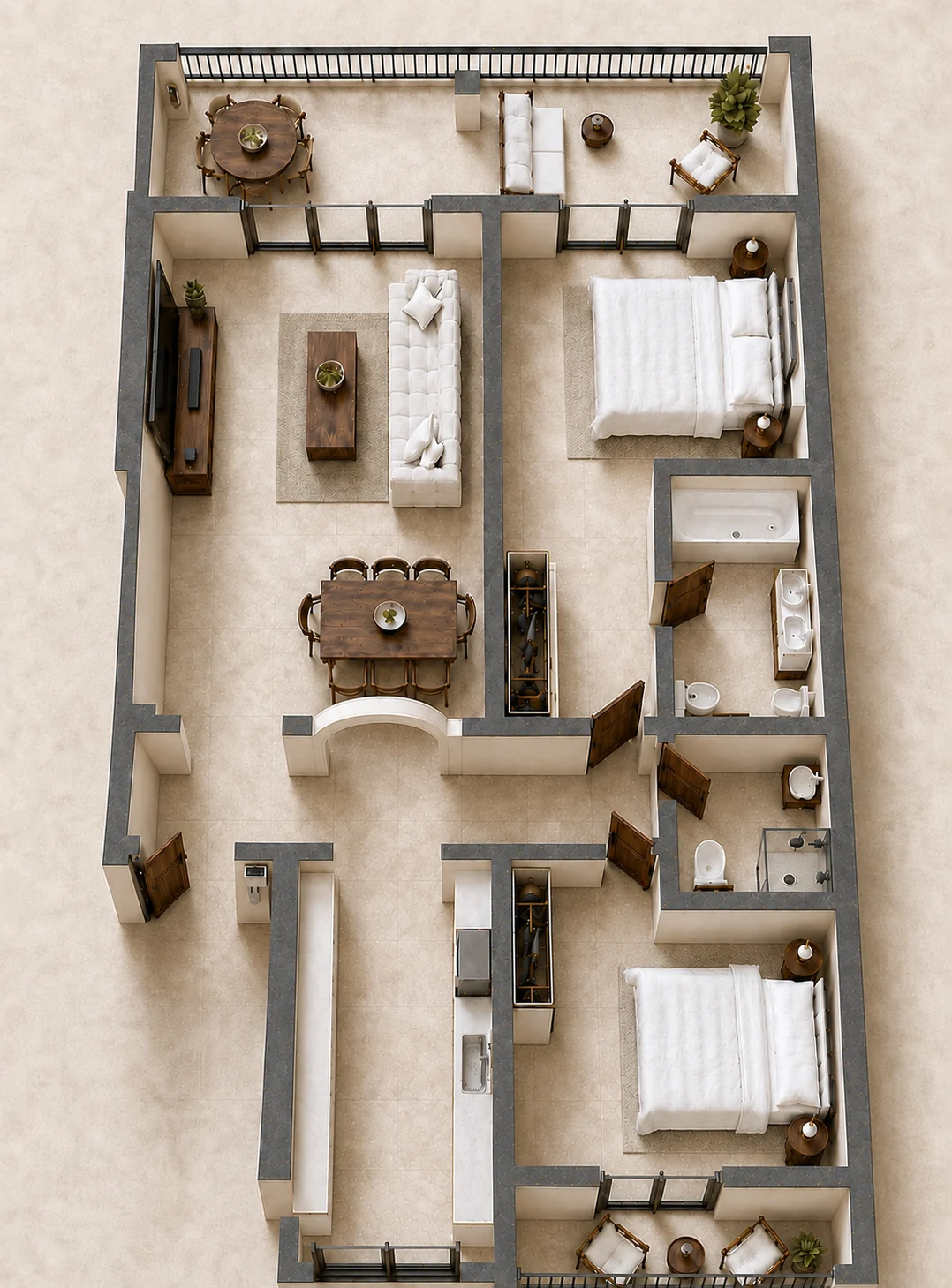 Illustrative floorplan of The Hillside Residence at Las Terrazas showing two bedrooms, two bathrooms, living and dining areas, kitchen and terraces